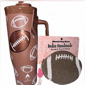 Brown Football Tumbler and Beaded Pouch Set
